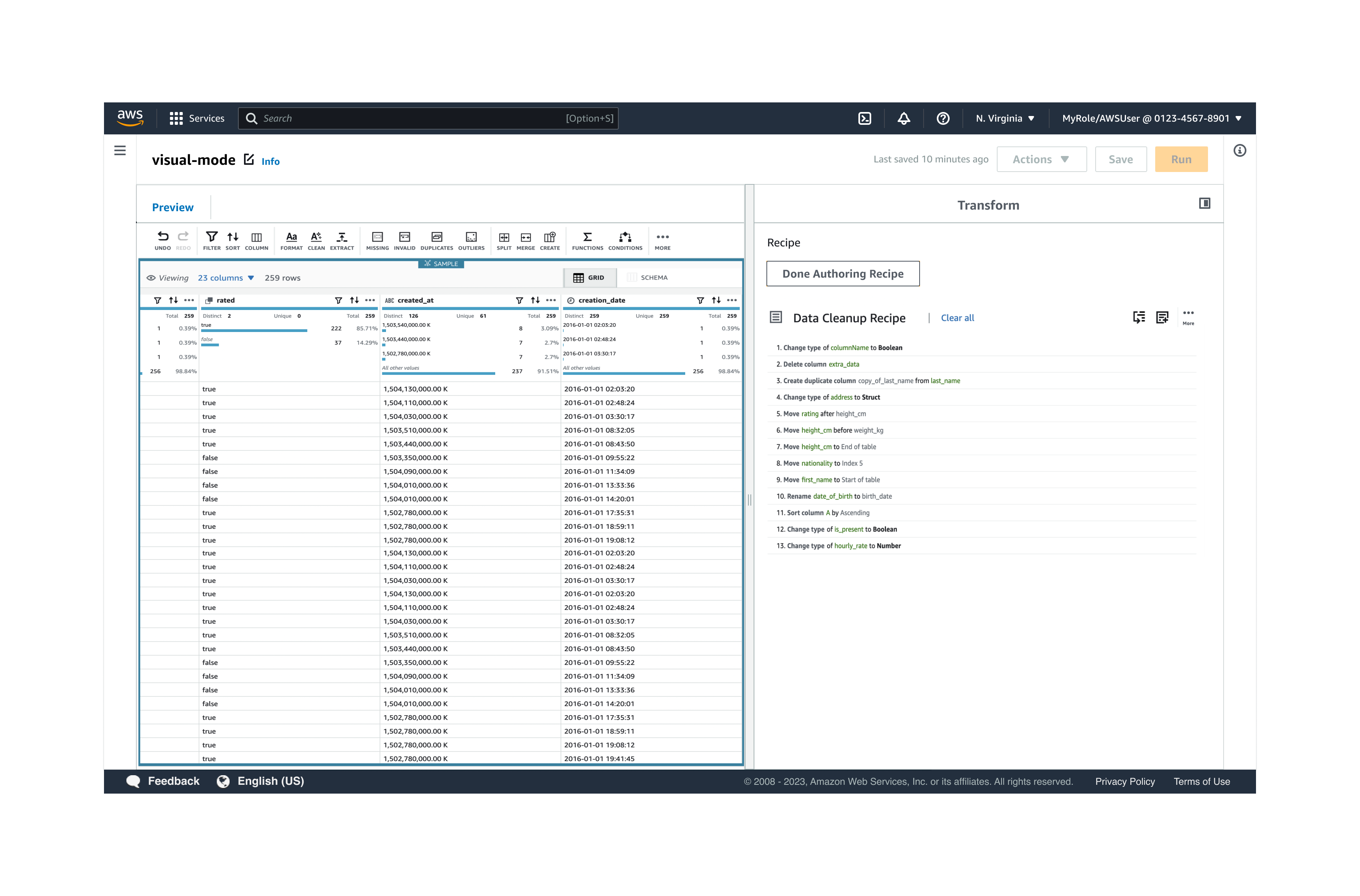 The screenshot shows the Preview data grid with the toolbar highlighted. You can apply an action by using any of the tools and it will be added to the recipe in the Transform panel on the right.