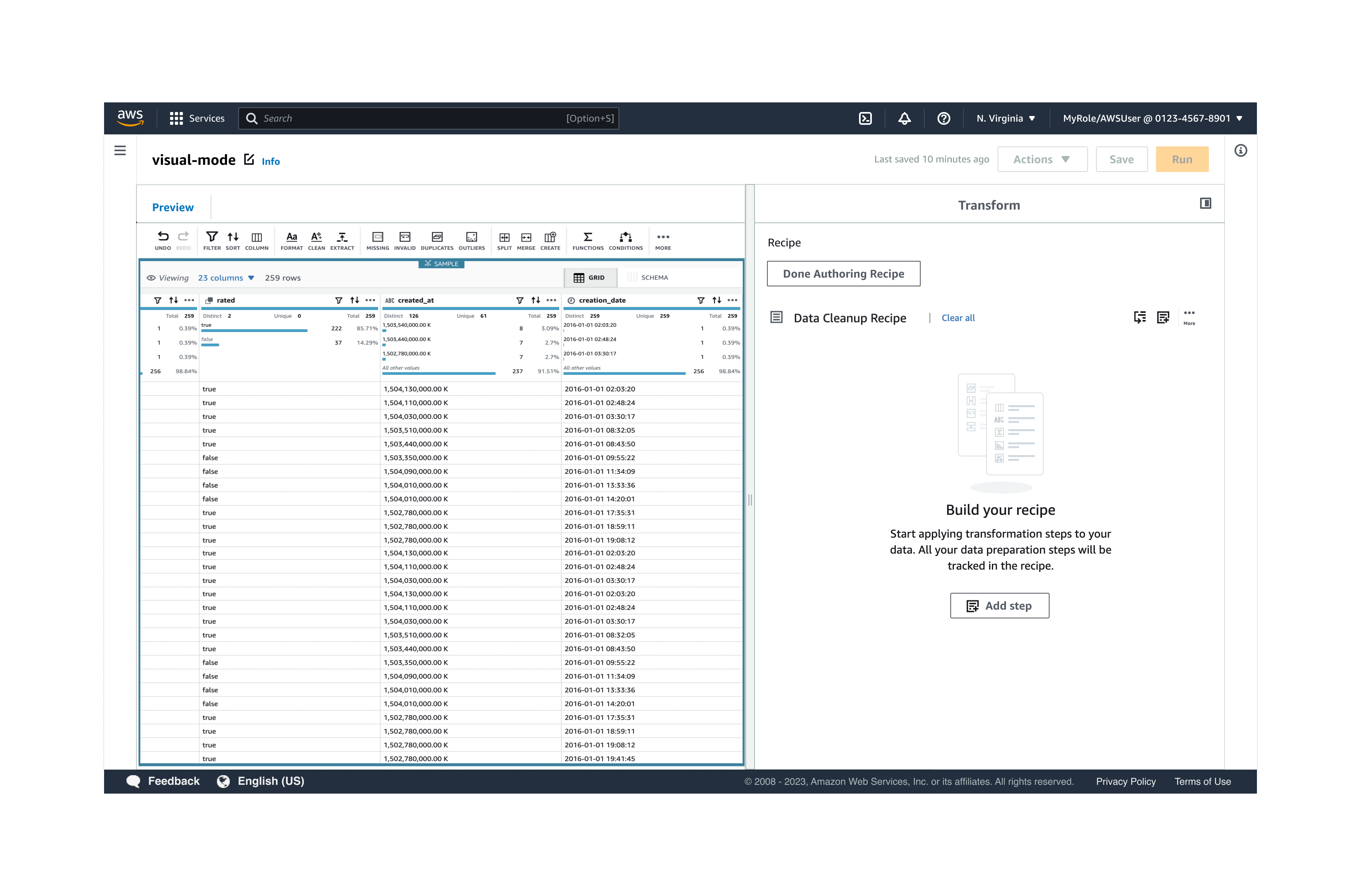 The screenshot shows the Transform panel after choosing Add Step. When you choose a column, the options will change dynamically. You can choose to sort, take an action on the column, and filter values.