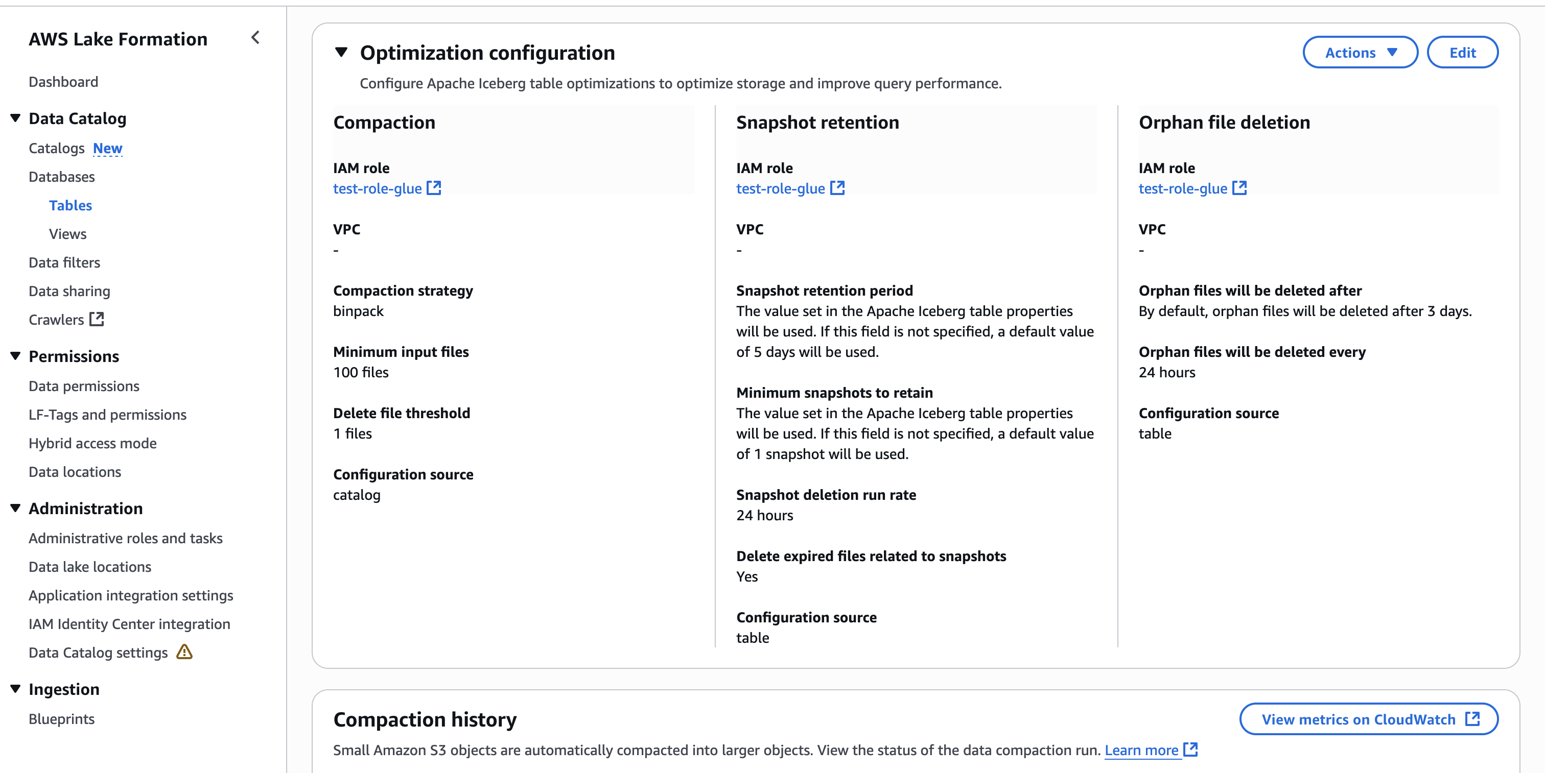 An image of an Apache Iceberg table with catalog-level optimization configuration has
been applied.