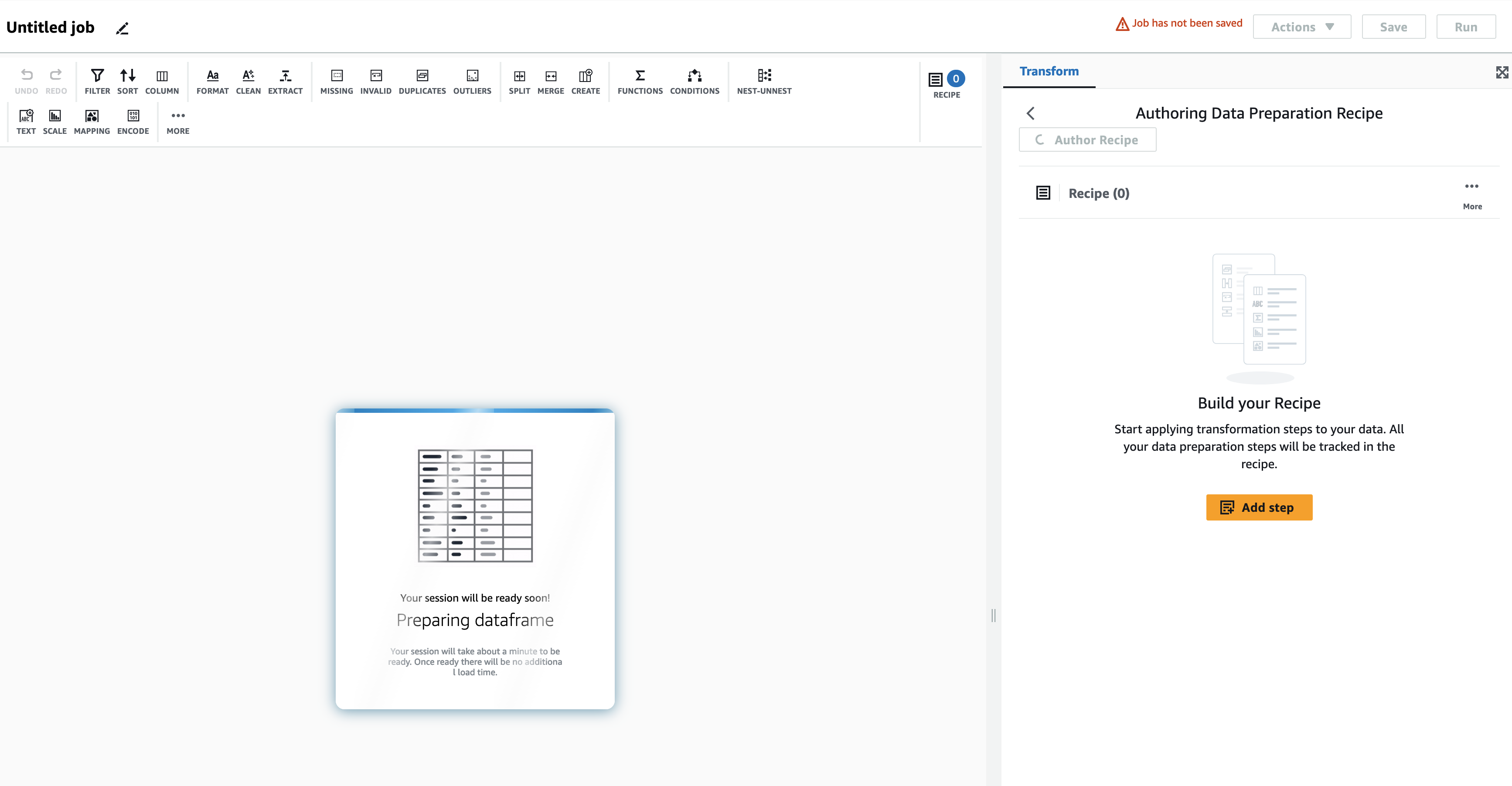 The screenshot shows the data frame loading after adding the Data Preparation Recipe.
