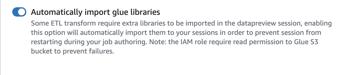 The screenshot shows the option for Automatically import glue libraries toggled on.