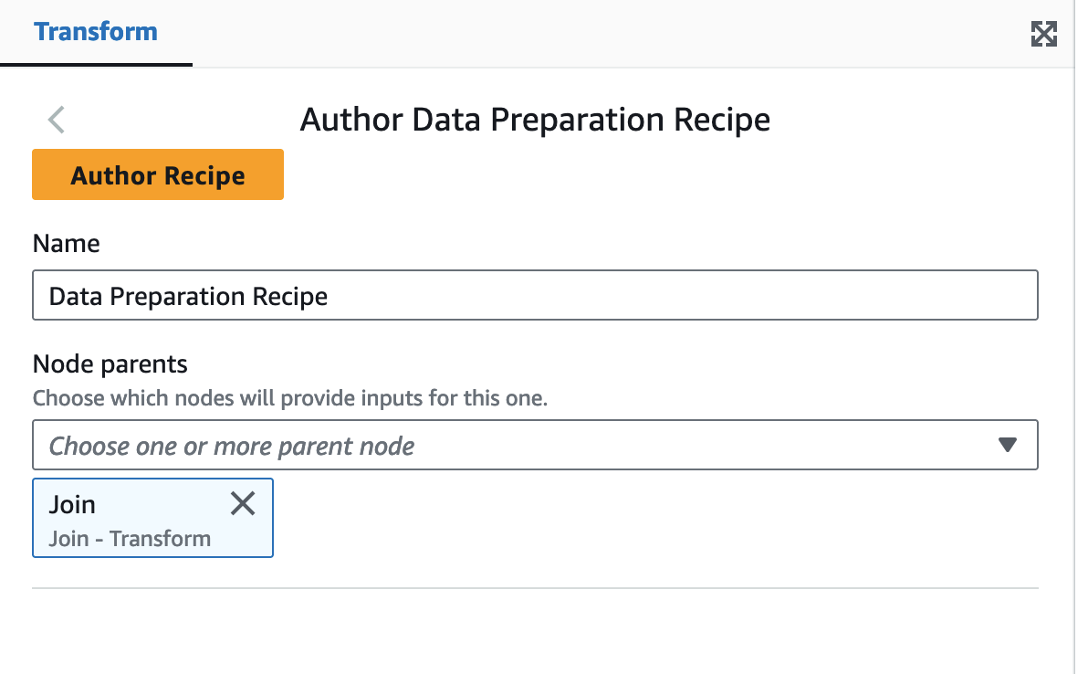 The screenshot shows the Transform panel with the fields for Name and Node parents, as well as option to Author Recipe.