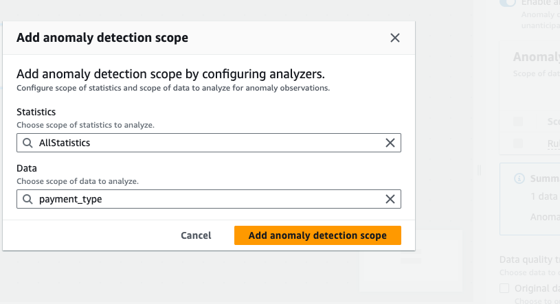 The screenshot shows the fields for Statistics and Data. You can choose which statistics you want to apply to your dataset and on which columns.