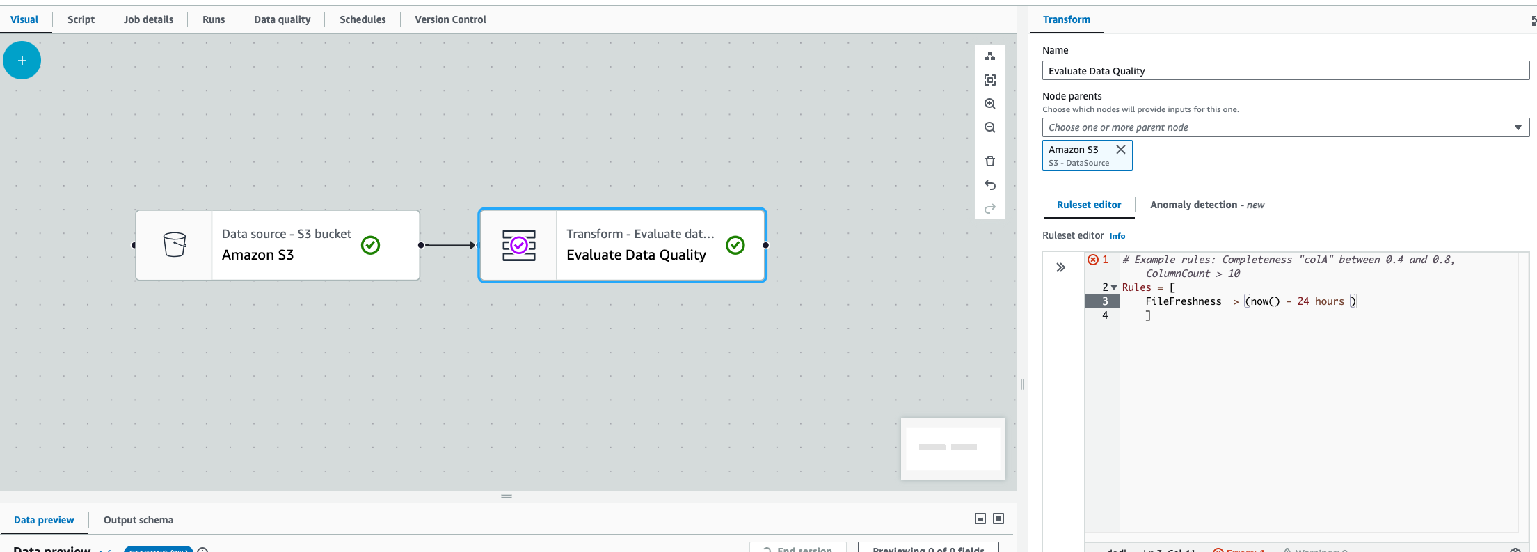 The screenshot shows an Evaluate Data Quality node connected to an Amazon S3 node.