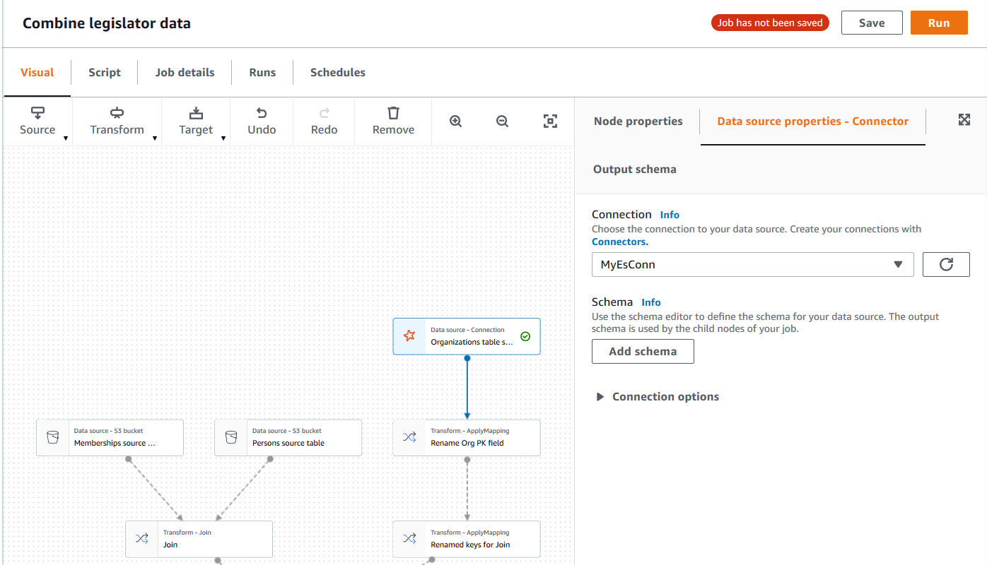 
              The image is a screenshot of the AWS Glue Studio visual job editor page, with a data
                source node selected in the graph. The Data source properties tab on the right is
                selected. The fields displayed for the data source properties are Connection
                (a drop-down list of available connections, followed by a Refresh button)
                and an Add schema button. An additional Connection options section is shown
                in its collapsed state.
            