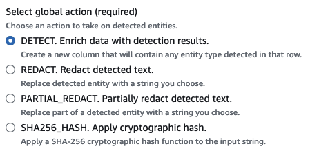 
                
                    The screen shot shows the options in the Detect PII transform when selecting all rows in the data source to 
                    detect PII.
                
            