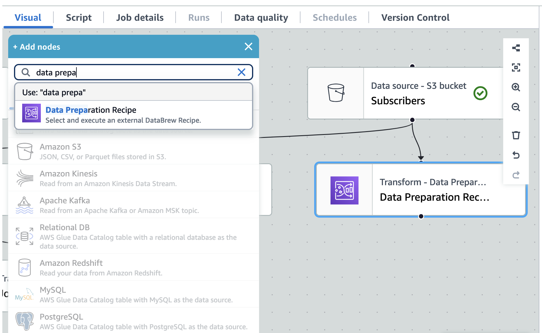 The screenshot shows the Add node modal with data preparation recipe available for selection.