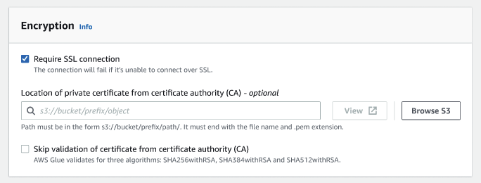 The screenshot shows the options for configuring encryption, including whether or not to require SSL connection, the option to select the location of the private certificate from certificate authority (CA), and the option to skip validation of certificate from certificate authority (CA).