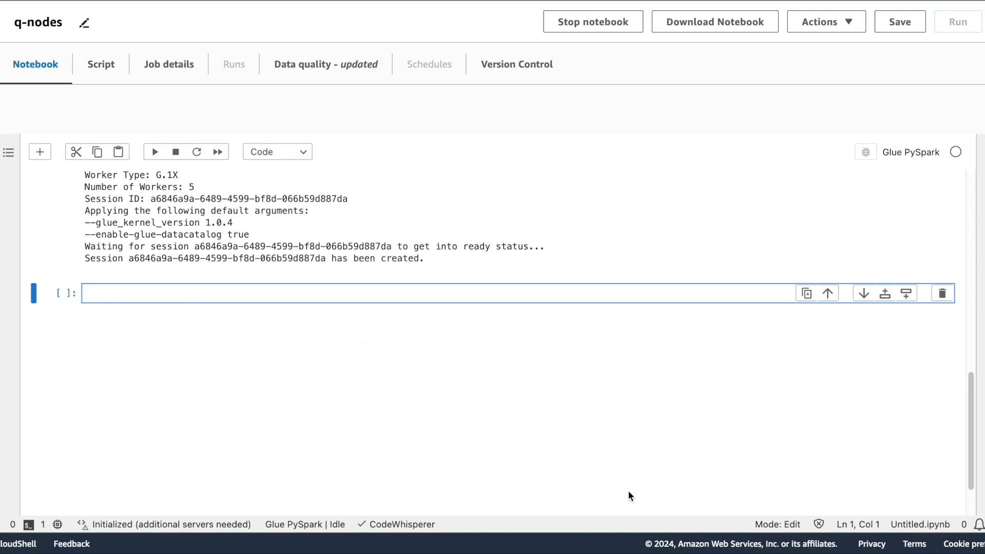 An example of using an AWS Glue Studio notebook to ask Amazon Q data integration in AWS Glue for a generated ETL script.