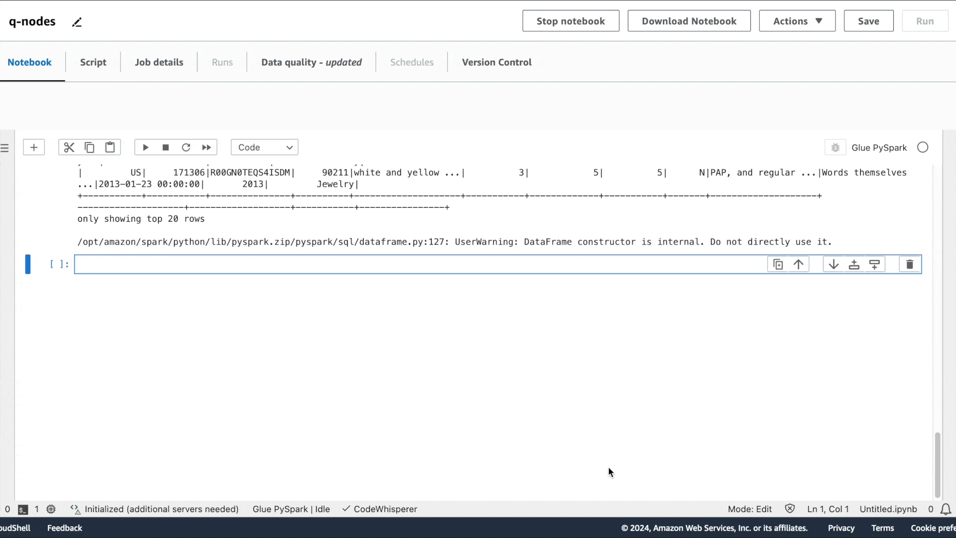 An example of using an AWS Glue Studio notebook to ask Amazon Q data integration in AWS Glue for a generated ETL script.
