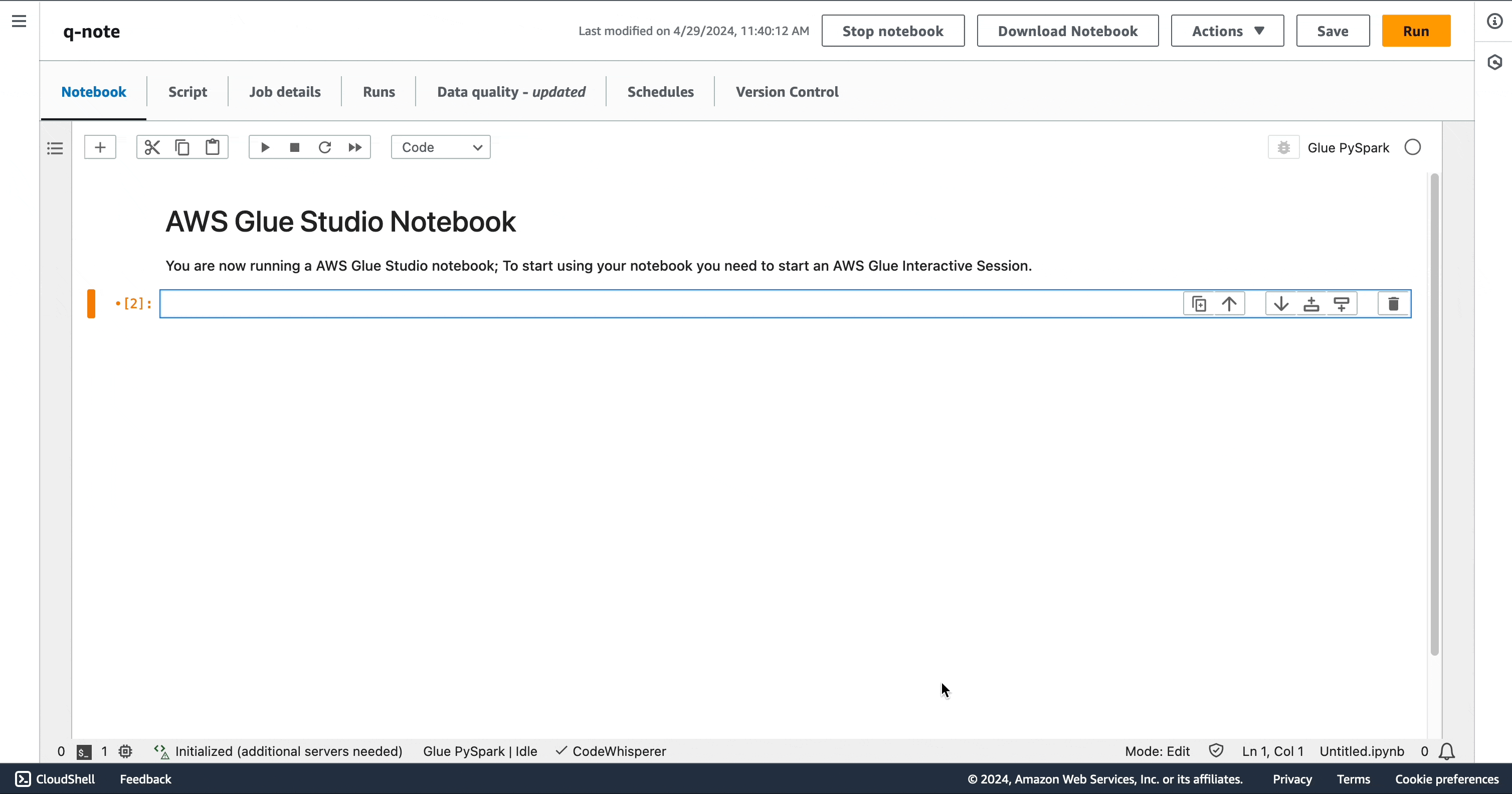 An example of using an AWS Glue Studio notebook to ask Amazon Q data integration in AWS Glue for a generated ETL script.