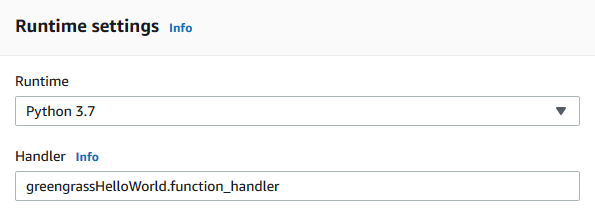 The "Runtime settings" section with the "Runtime" field set to "Python 3.7" and the "Handler" field set to "greengrassHelloWorld.function_handler".