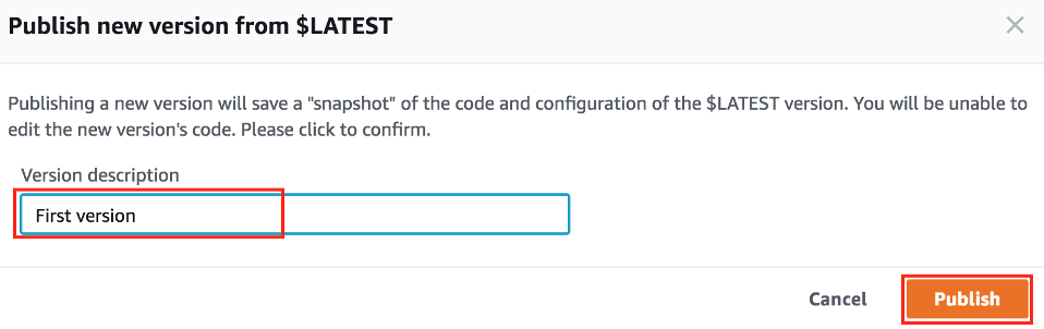 Screenshot with the Version description field set to First version and the Publish button highlighted.