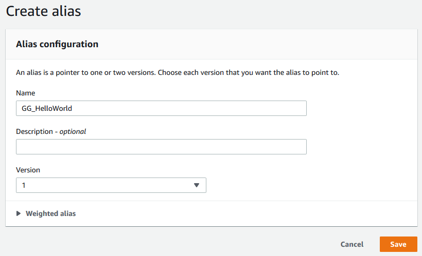 Screenshot of Create a new alias with the Name field set to GG_HelloWorld, and the Version field set to 1.