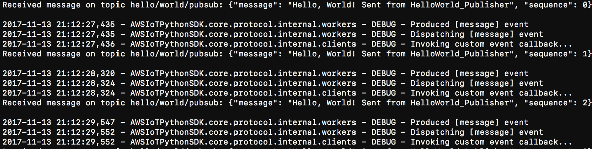 Screenshot of the subscriber output.