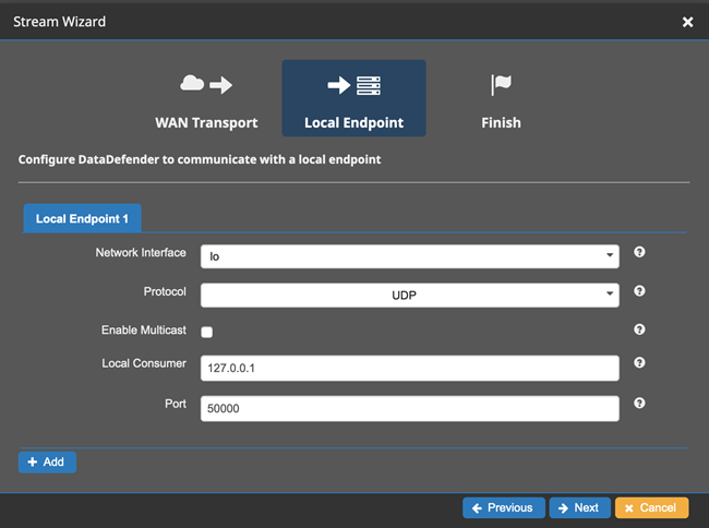 Interface for configuring DataDefender to communicate with a local endpoint.