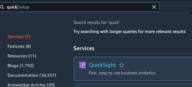 AWS Console search with results for QuickSight
