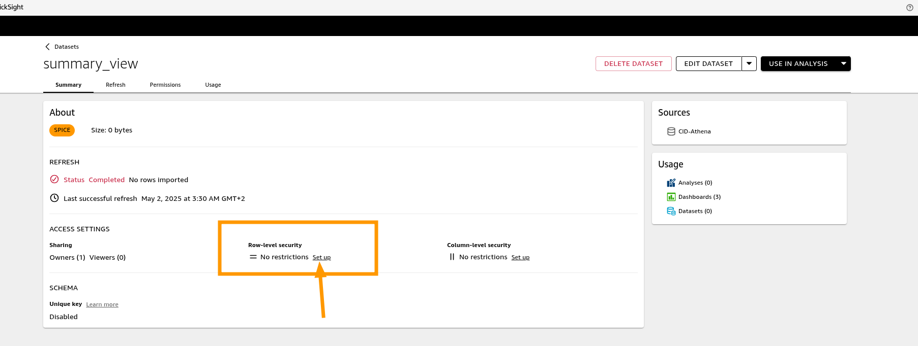 Dataset summary view summary details with row level security enabled highlighted