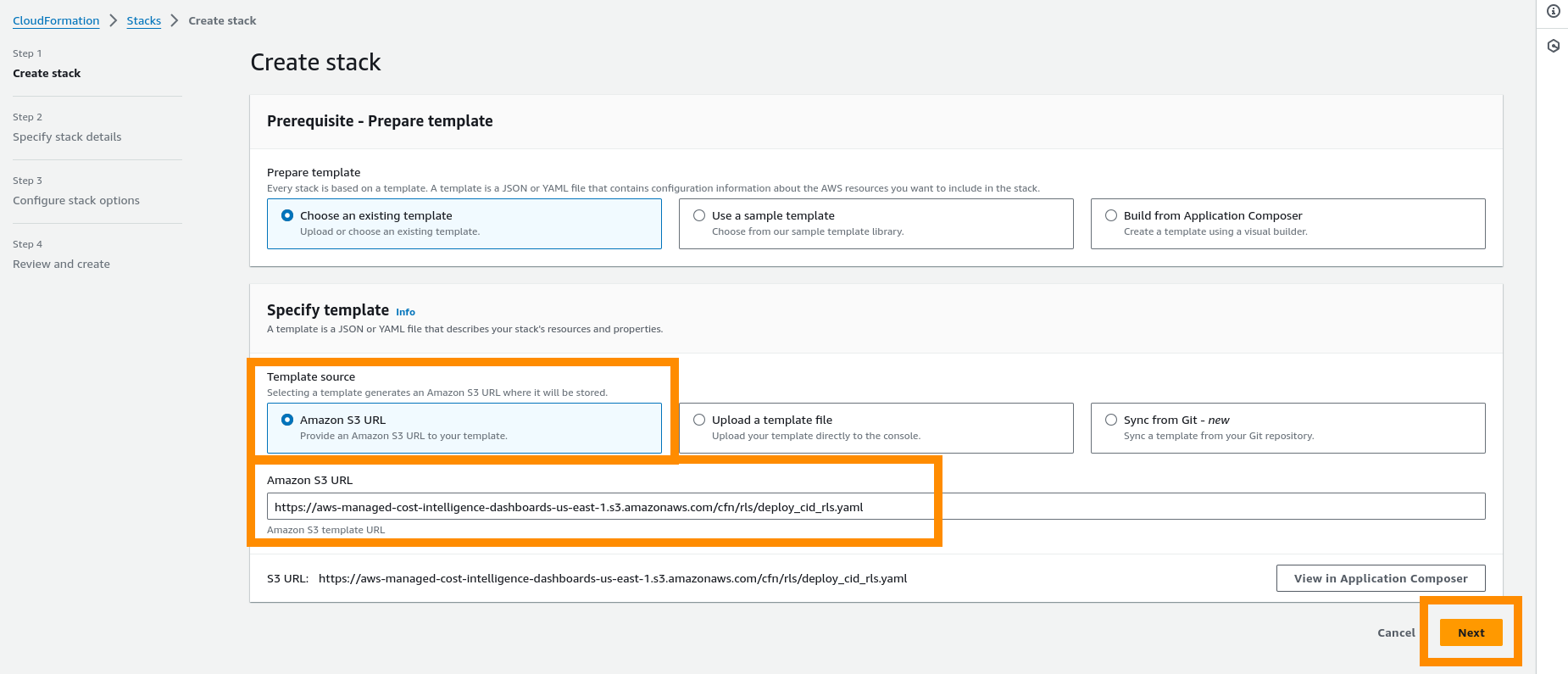 Cloudformation create stack step 1