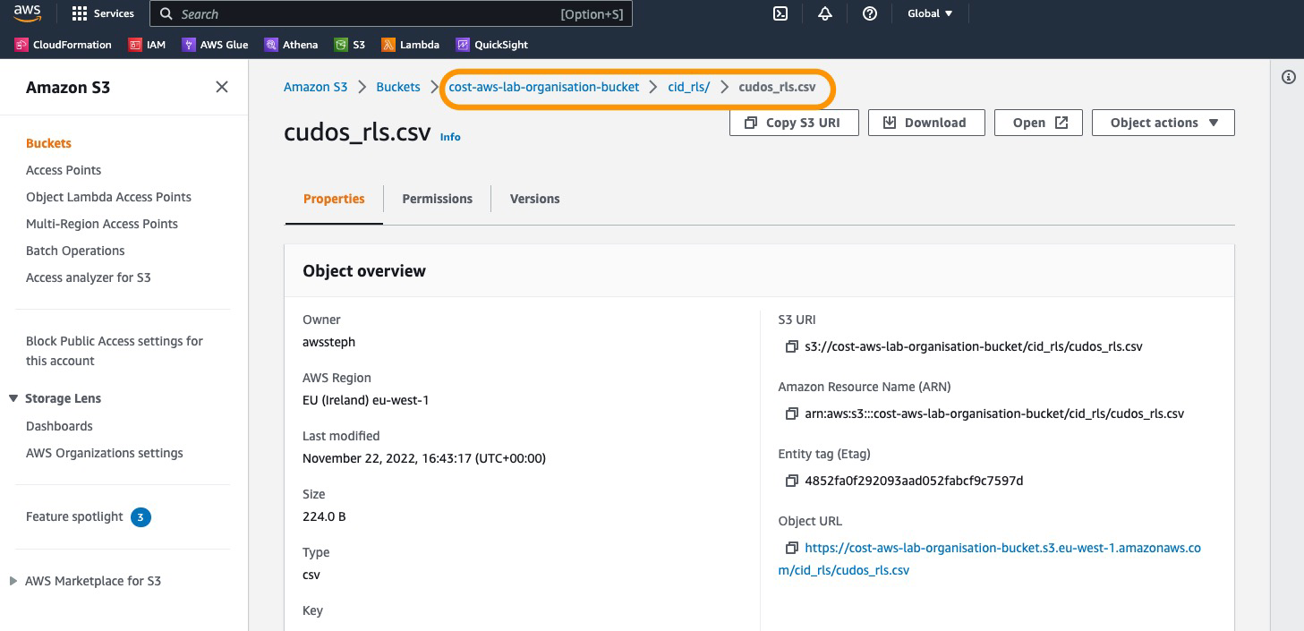S3 cudos rls CSV detail page with bucket breadcrumb highlighted