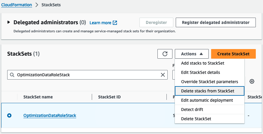 Delete stacks from stackset menu option