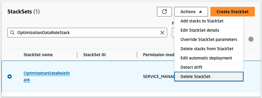 Delete StackSet menu option