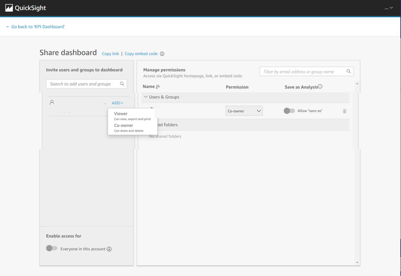 Amazon QuickSight share dashboard with add users drop down displayed