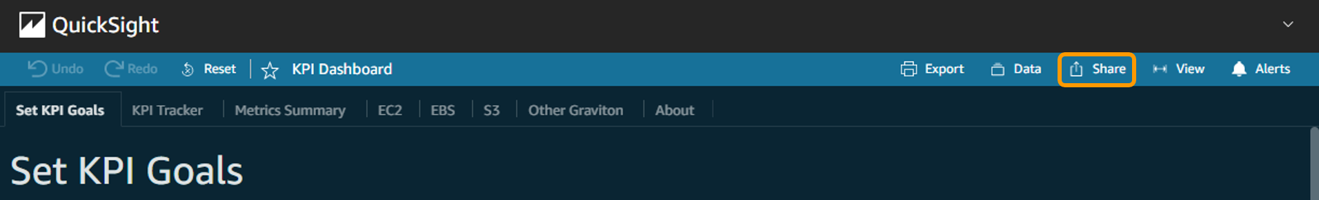 Quicksight top navigation with the share button highlighted