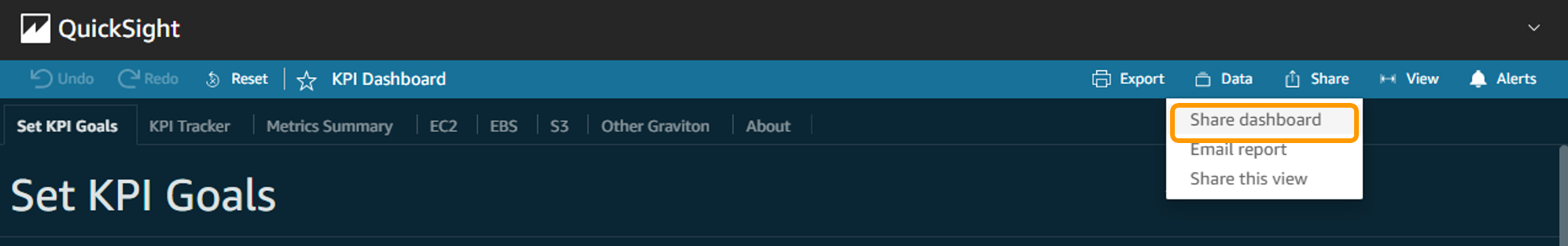 Quicksight top navigation with the share button dropdown and share dashboard item highlighted