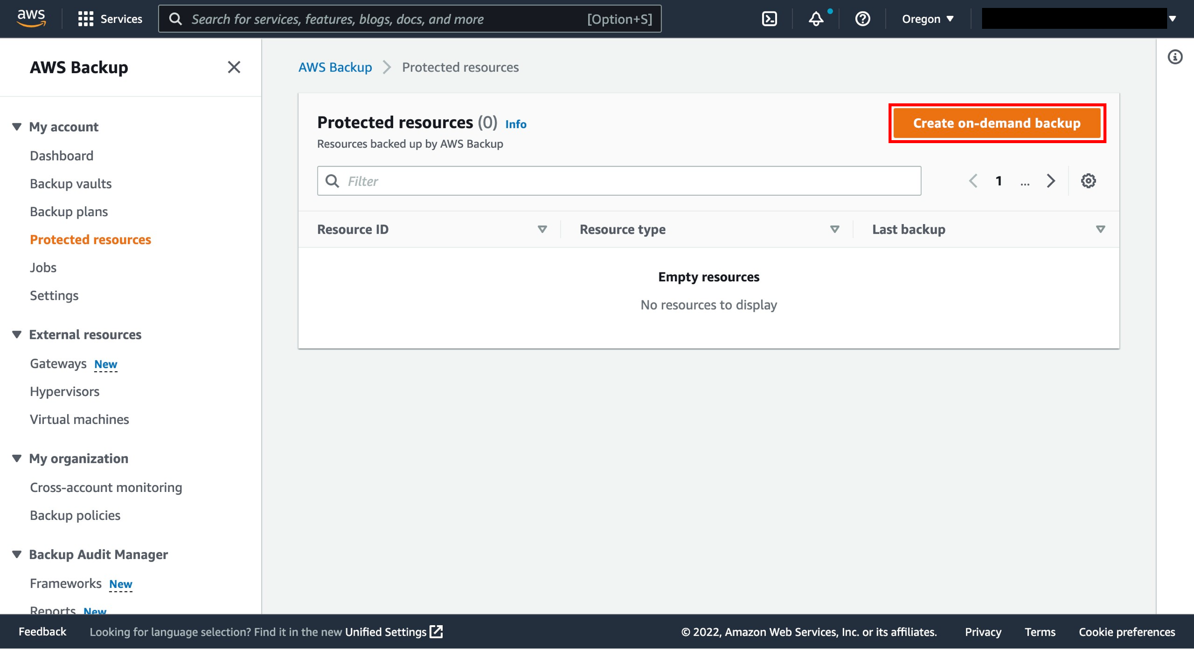 The backup creation interface.