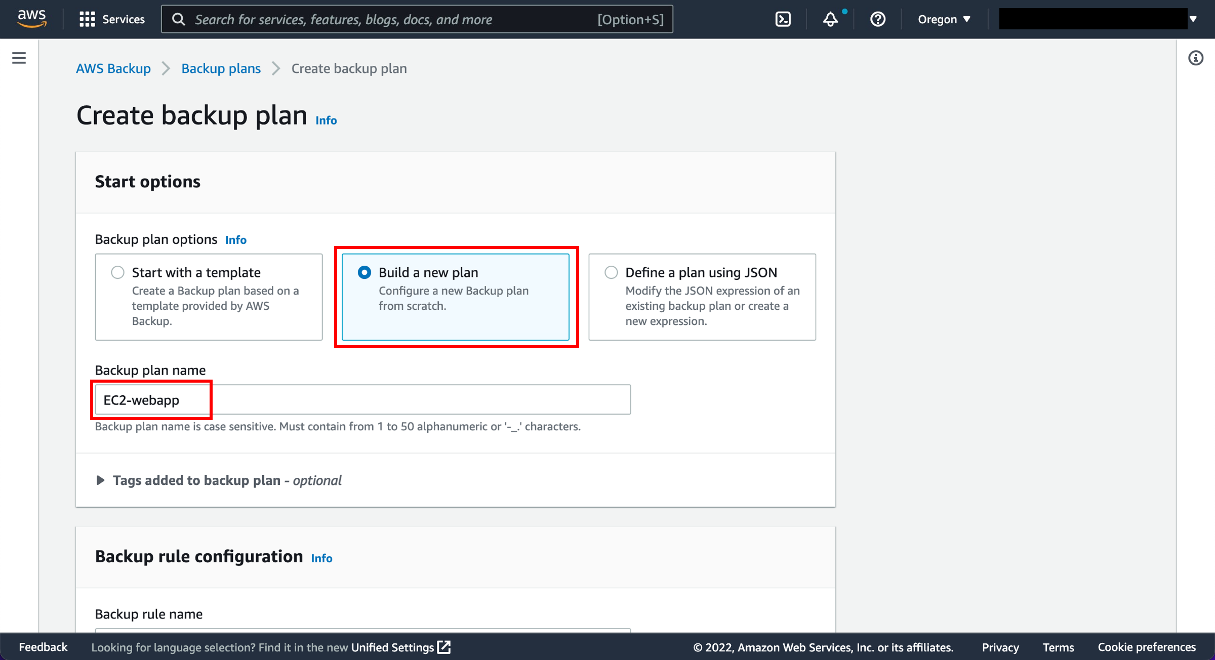 The backup creation interface.
