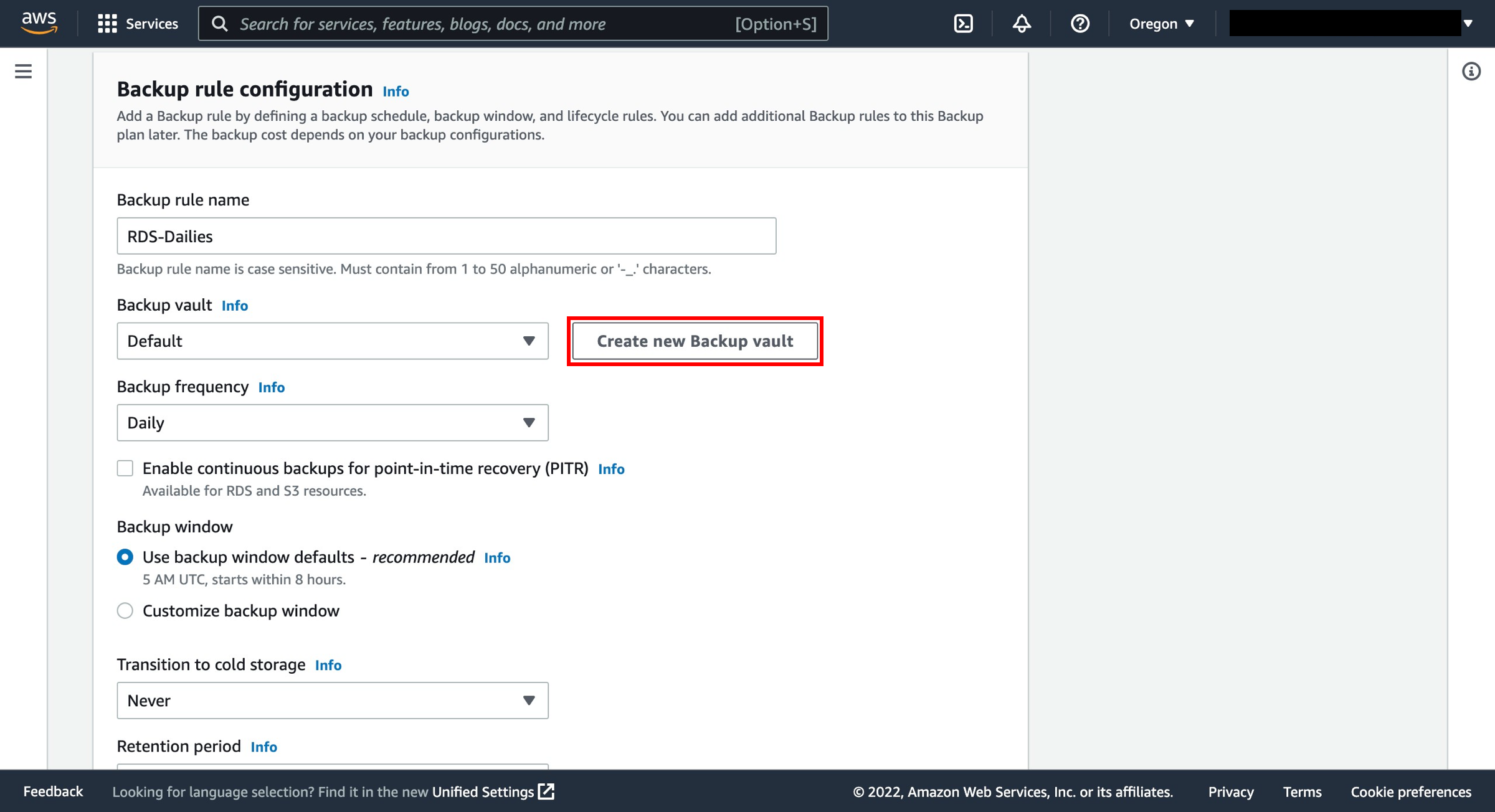 The backup creation interface.