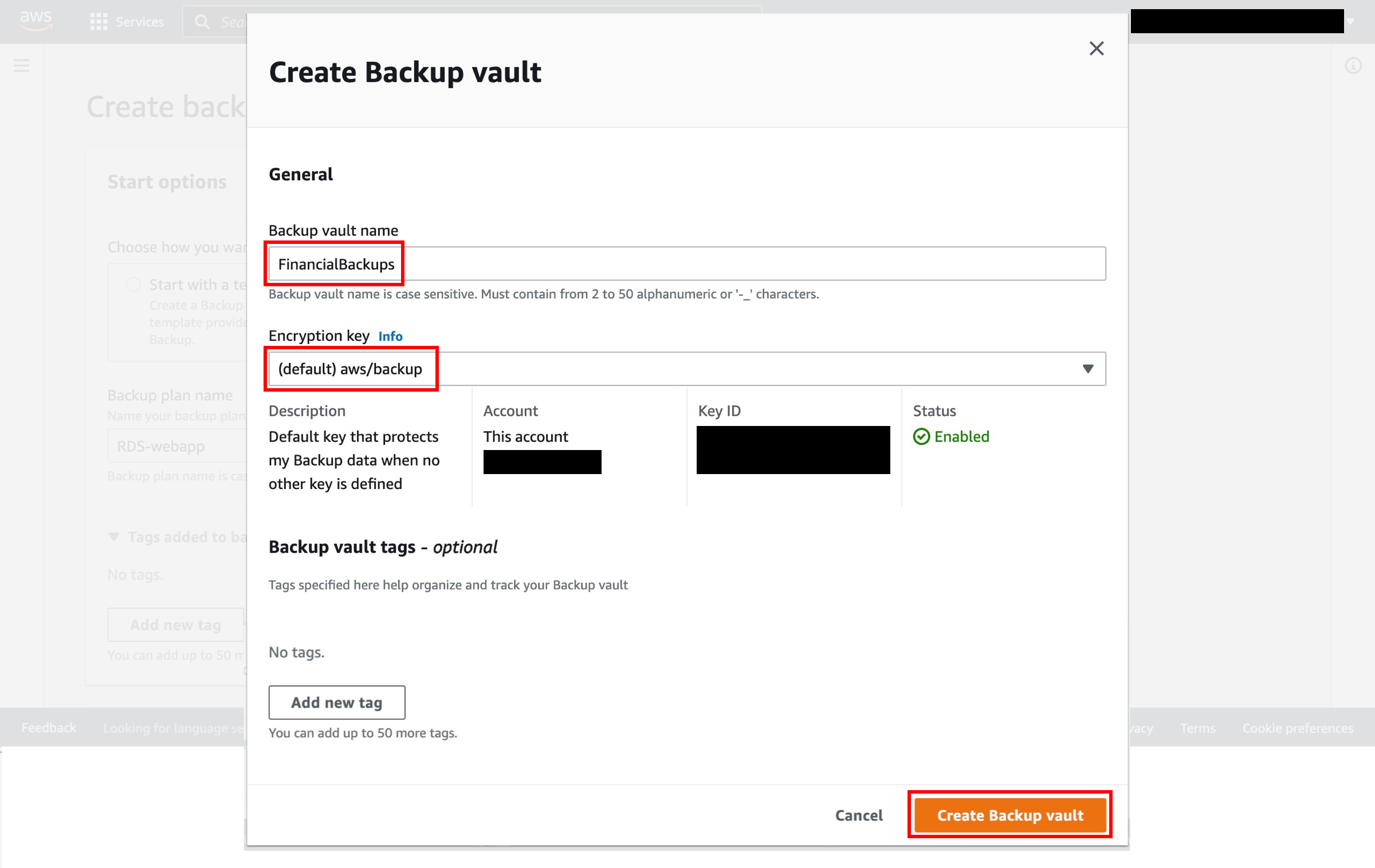 The backup creation interface.