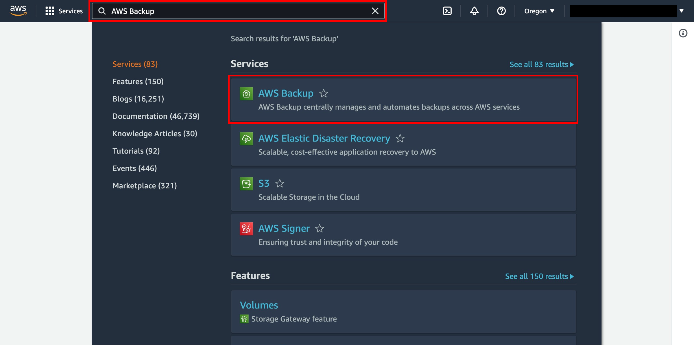 The navigation menu interface for the AWS Backup console.