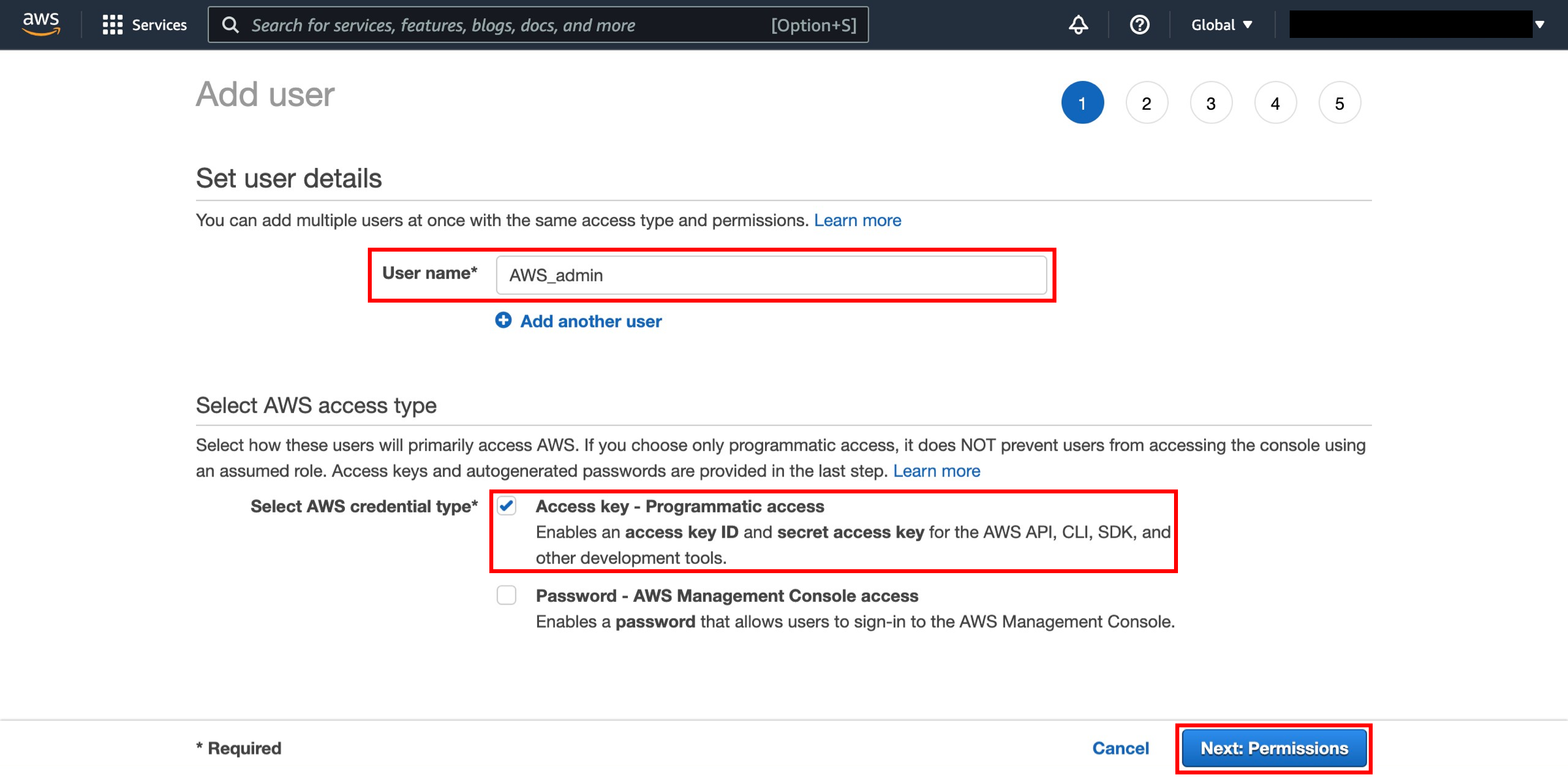 The IAM add users window.
