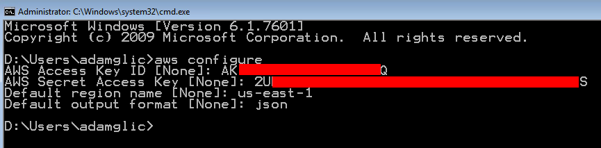 Command prompt showing the aws configure command.