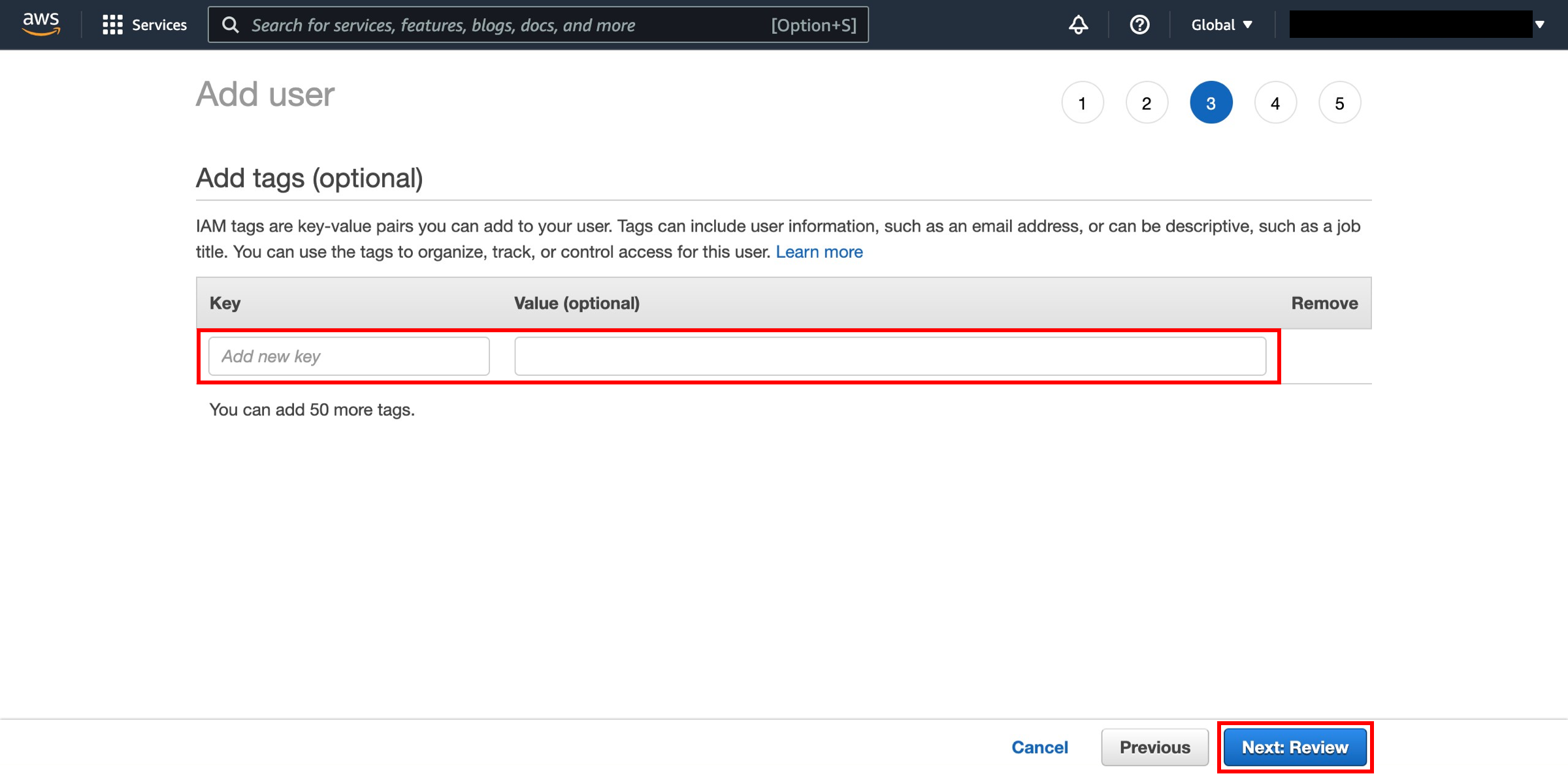 The add tags window.
