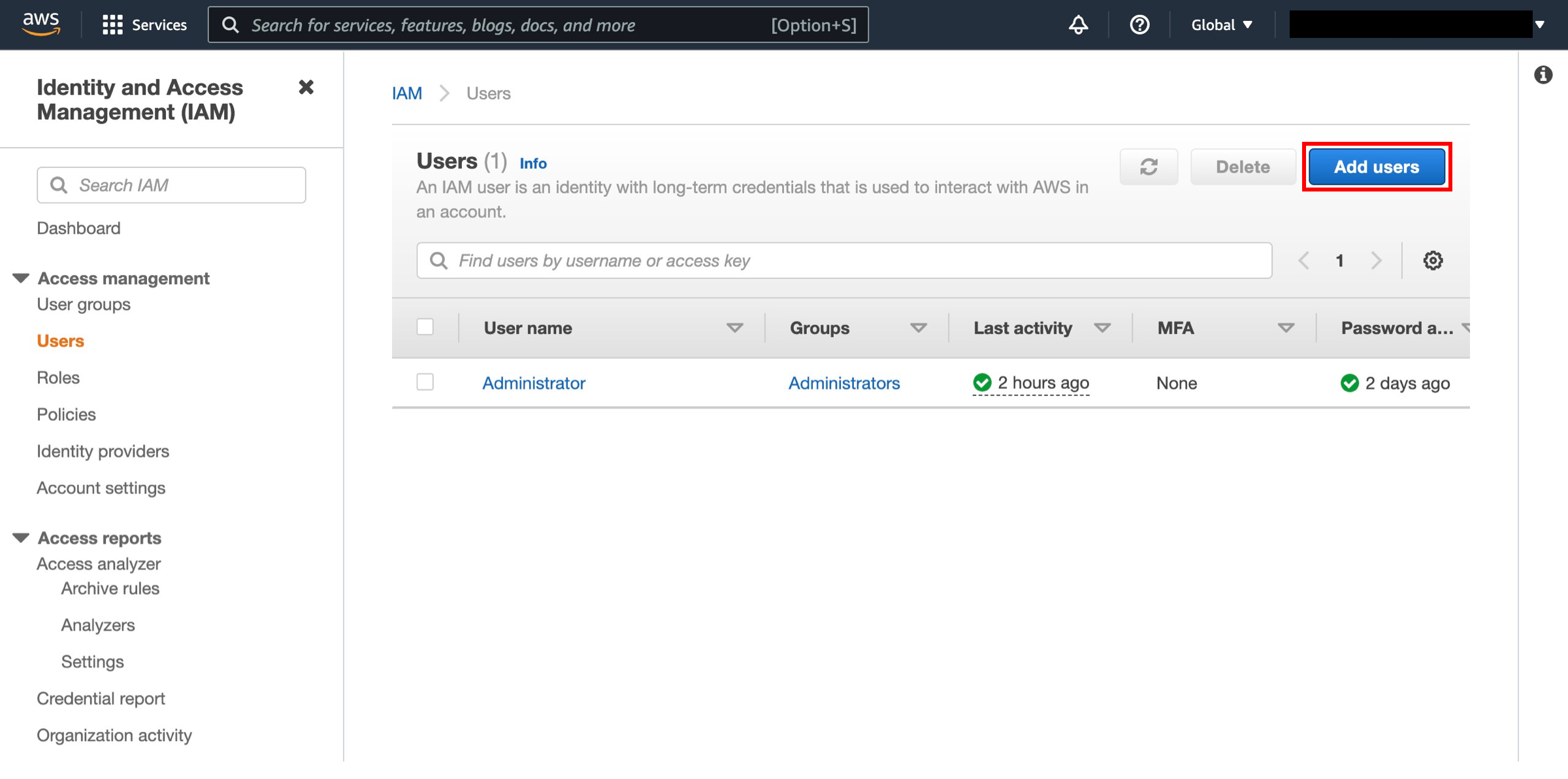The IAM users window.
