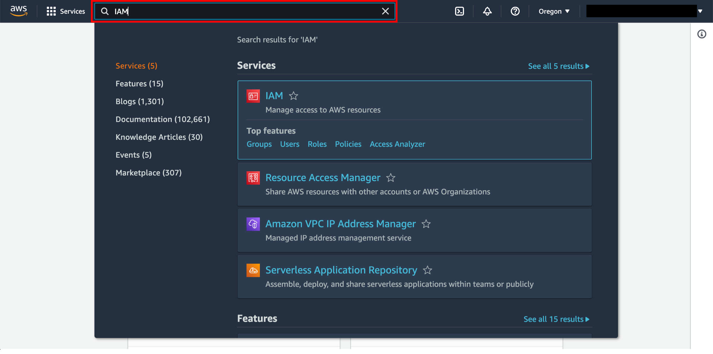 The AWS Management Console with a search for IAM highlighted.