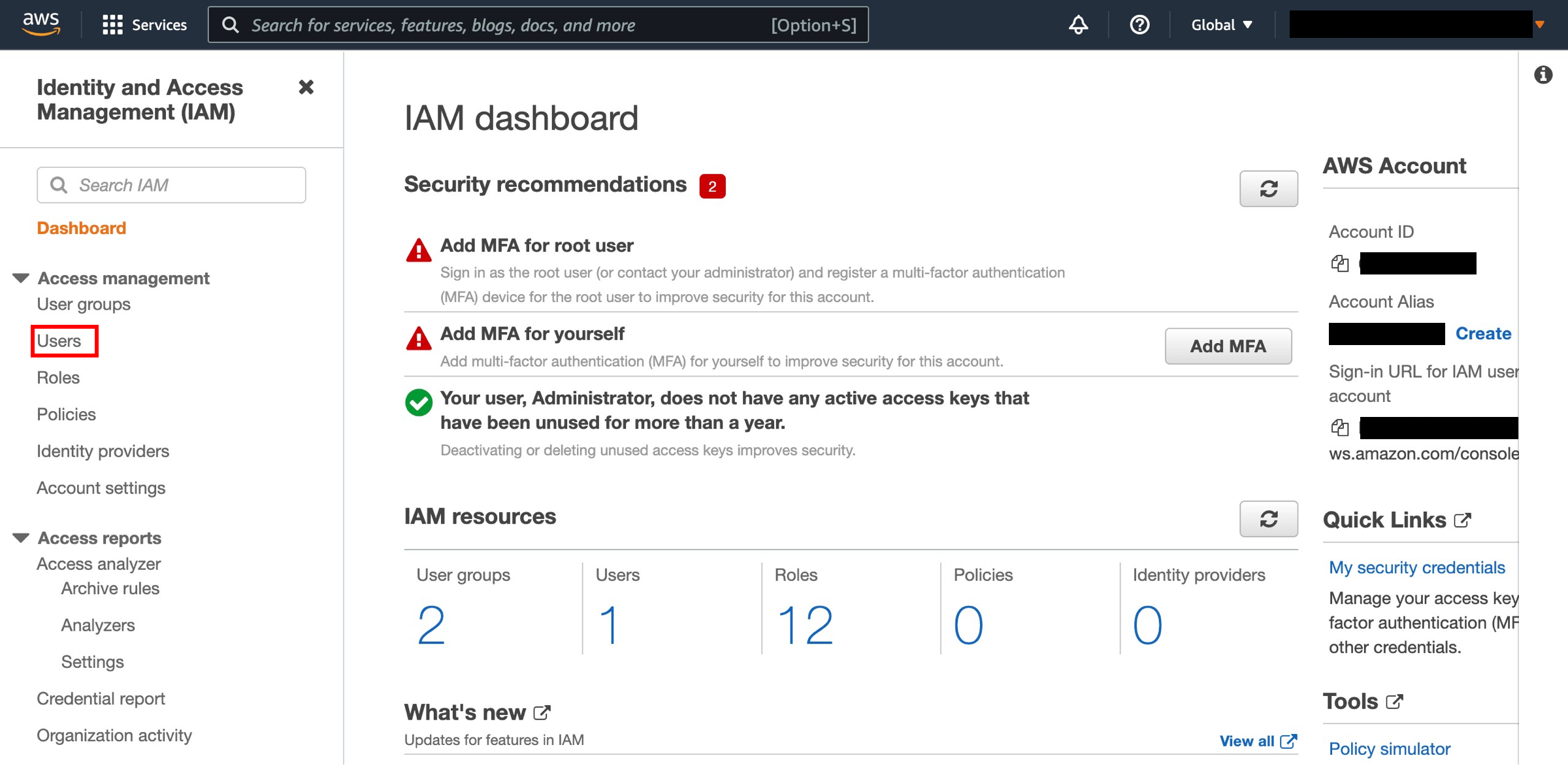 The IAM dashboard.