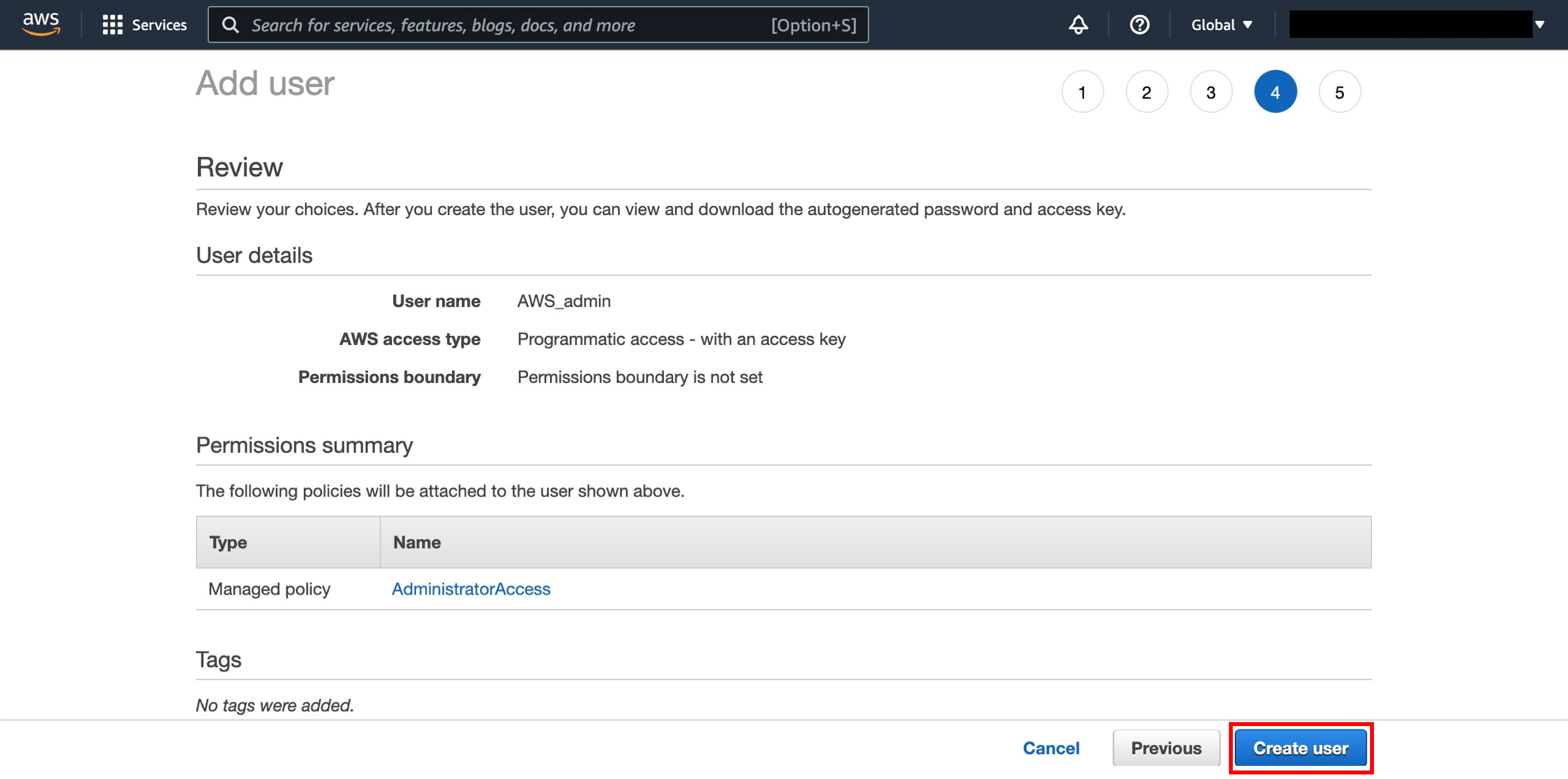 Reviewing the user to be created and then creating the user.