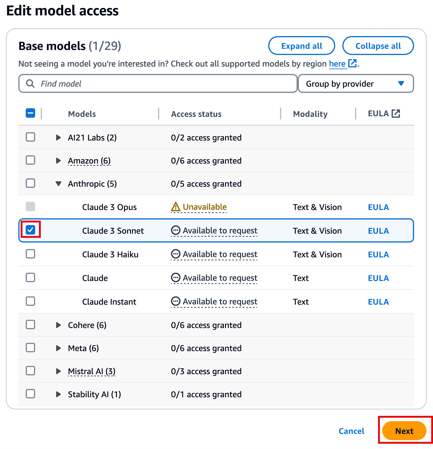 The 'Edit model access' screen in an AWS GenAI tutorial, showing options to select and request access to different foundational models such as Claude 3 Sonnet. The Claude 3 Sonnet model is selected and the Next button is highlighted.