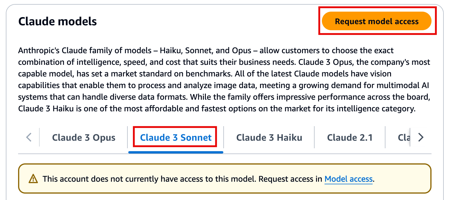 The Claude models selection interface for Anthropic's Haiku, Sonnet, and Opus models, displaying options such as Claude 3 Opus, Claude 3 Sonnet, Claude 3 Haiku, and Claude 2.1. The image highlights the 'Request model access' button and shows a notification stating that the account does not currently have access to this model.