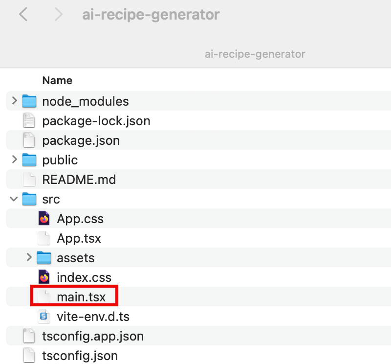 The file structure of the 'ai-recipe-generator' project with the 'main.tsx' file highlighted within the 'src' folder, as part of a tutorial step for building a serverless web app using generative AI.