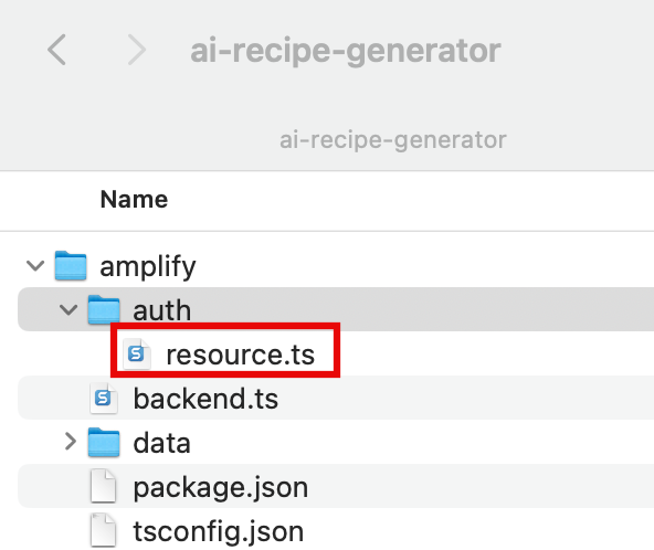 The file structure of the ai-recipe-generator project, highlighting the resource.ts file inside the auth folder. This is part of a tutorial for building a serverless web app with generative AI, specifically demonstrating where to modify the resource file.
