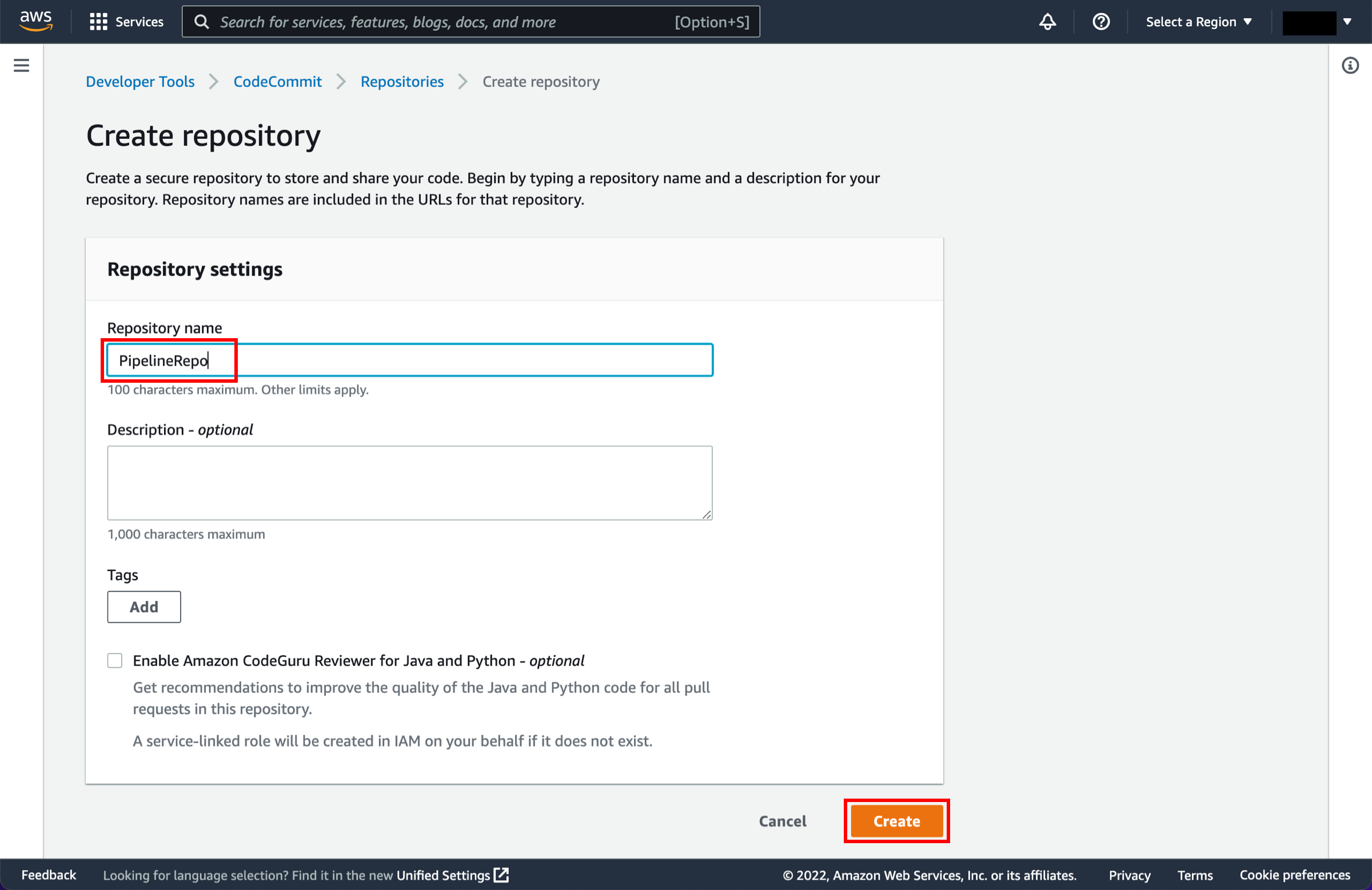 AWS CodeCommit interface for creating a repository, with "PipelineRepo" entered as the repository name and the "Create" button highlighted.