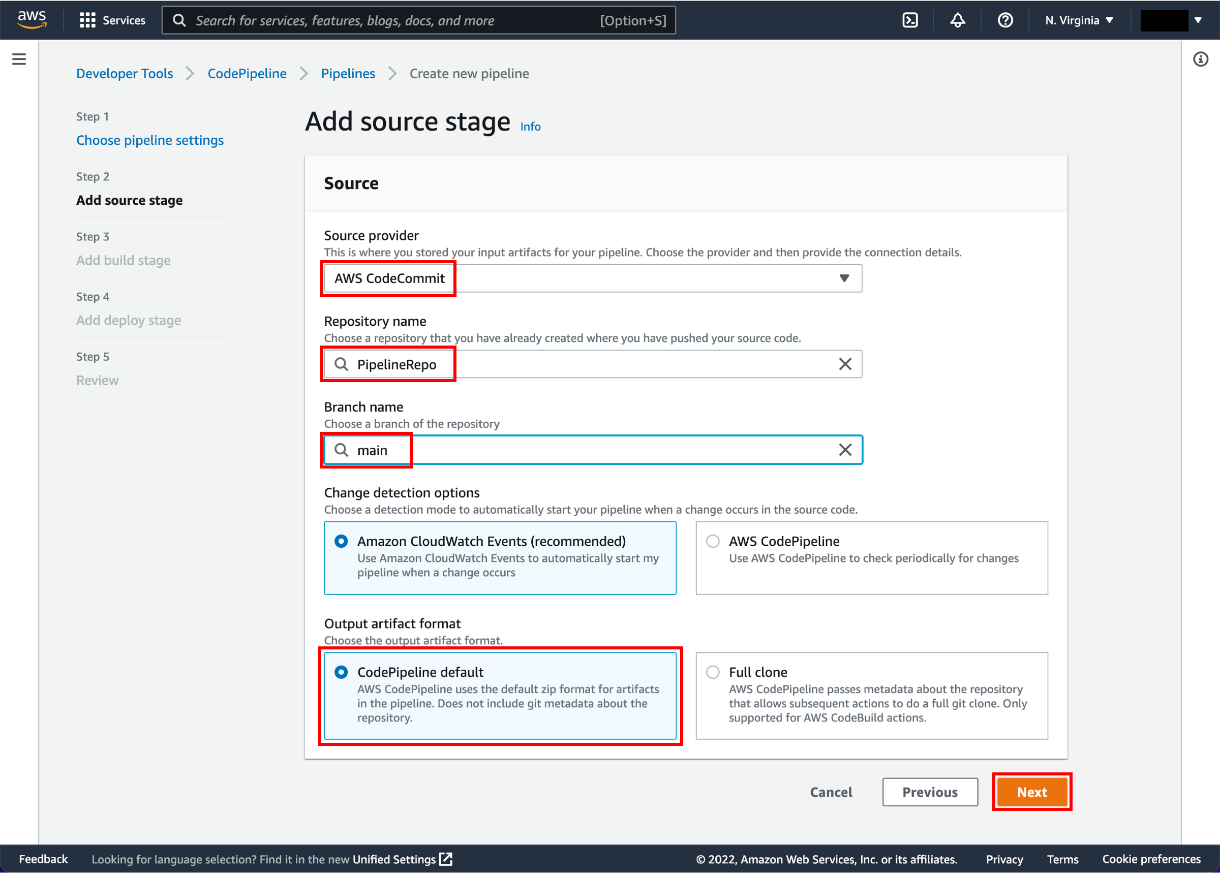 AWS CodePipeline interface showing the "Add source stage" step with options for source provider (AWS CodeCommit), repository name (PipelineRepo), branch name (main), change detection (Amazon CloudWatch Events), and output artifact format (CodePipeline default).