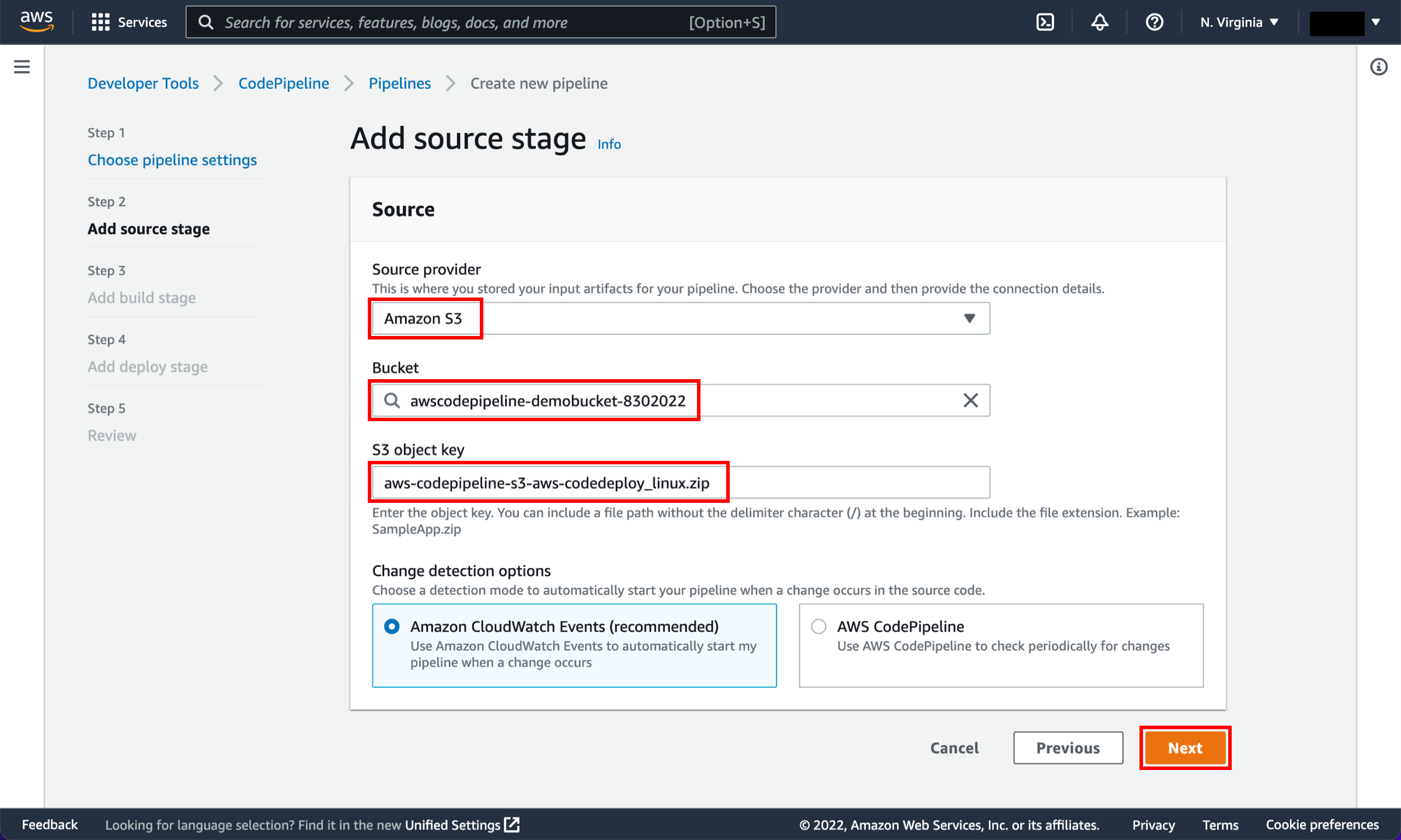 AWS CodePipeline interface showing the "Add source stage" step, with Amazon S3 selected as the source provider, a specified bucket name, and an S3 object key entered, alongside change detection options.