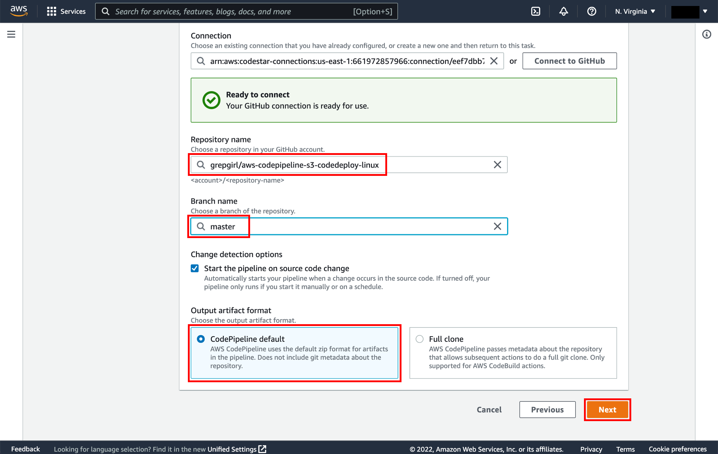 AWS CodePipeline setup screen showing repository name "greggirl/aws-codepipeline-s3-codedeploy-linux," branch name "master," and selected options for change detection and output artifact format.