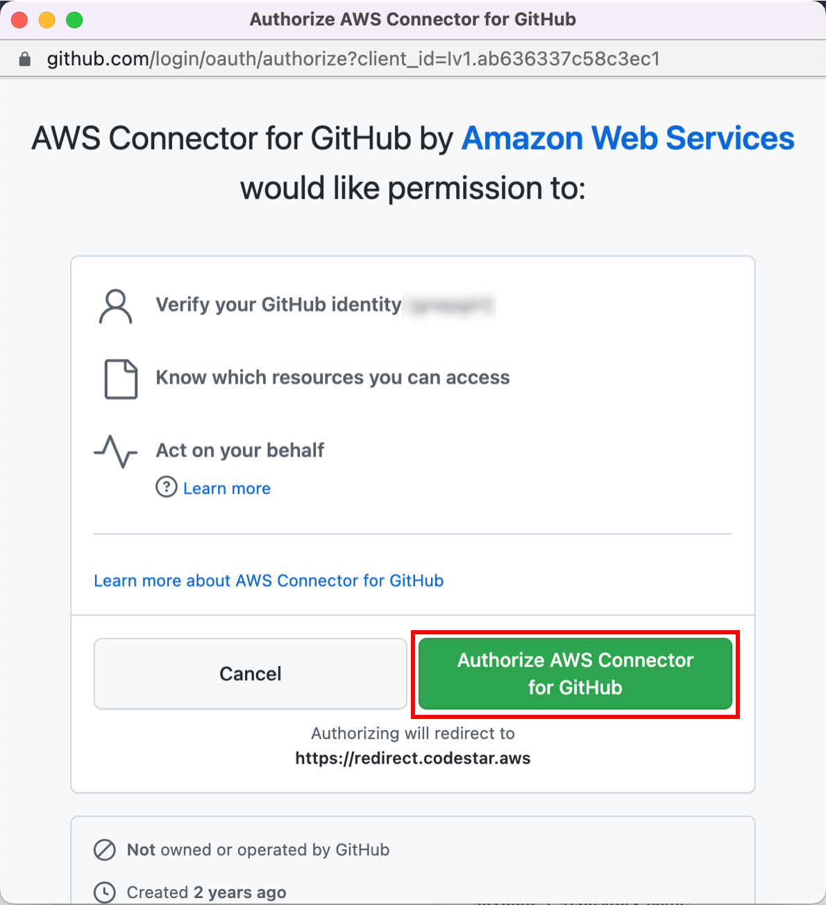 Authorization prompt for AWS Connector for GitHub requesting permissions, with options to "Cancel" or "Authorize AWS Connector for GitHub.".